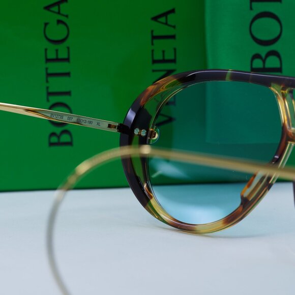 Bottega Veneta BV1273S 007 Geometric Sunglasses - Havana Gold/Light Green